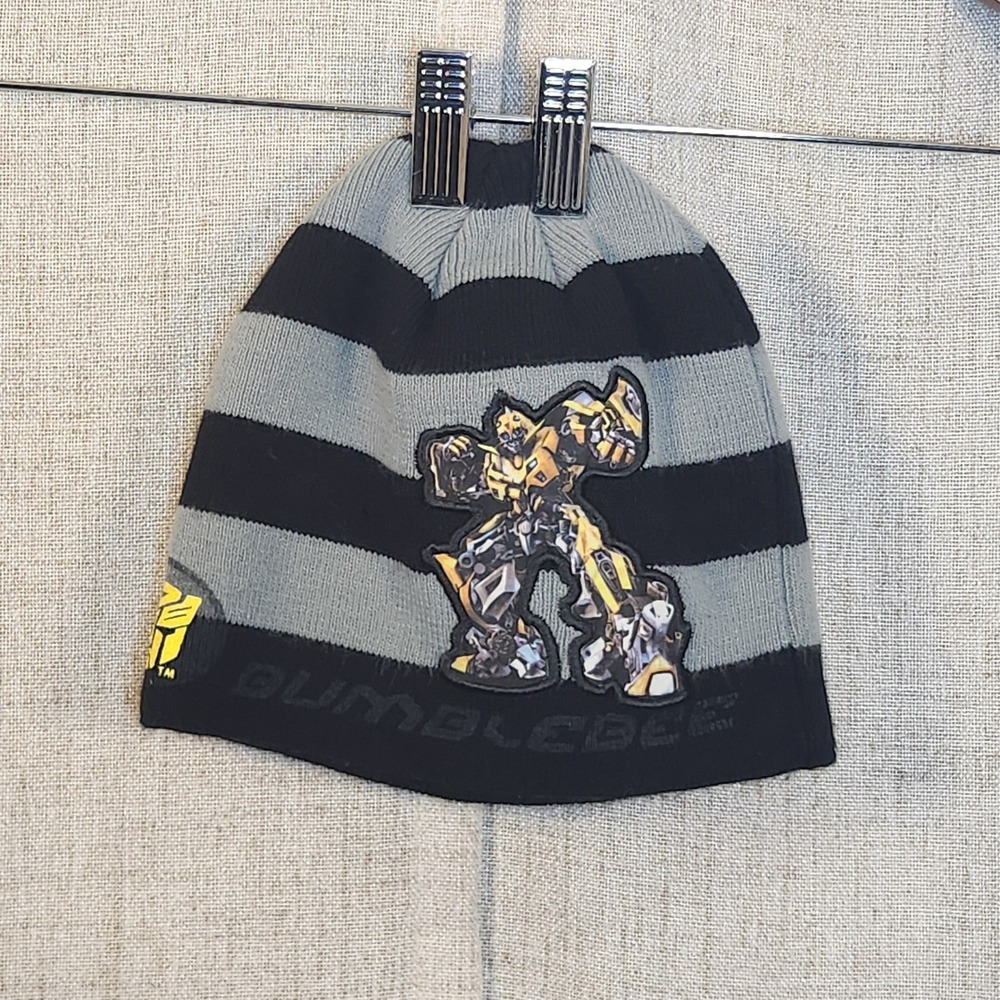 Transformers Bumblebee Beanie Hat Youth Skull Cap Black Gray Stripes Logo 2009